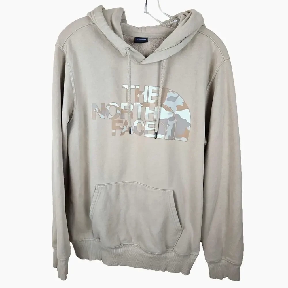The North Face Hoodie Mens Medium Half Dome Pullover Beige Spellout Camo Logo